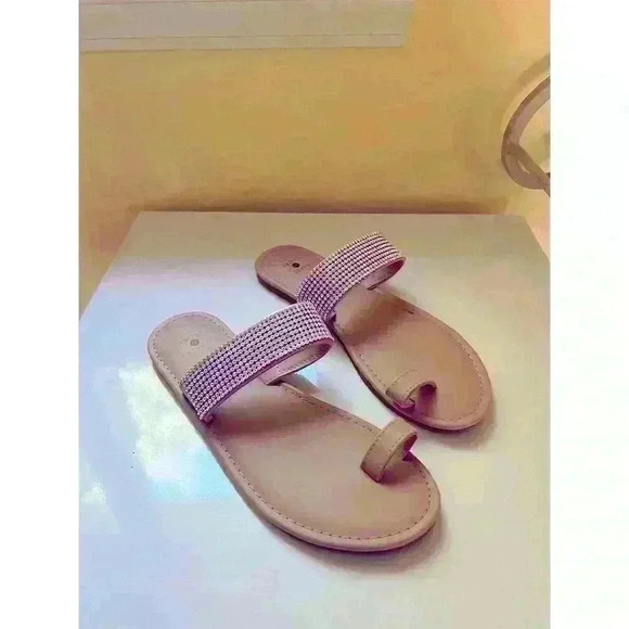 Shade & Shore Women's Embellished Rhinestone Slide Sandals Tan Size 8 - Picture 2 of 4